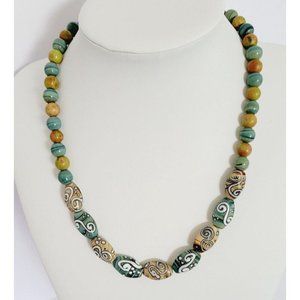 Agate Bead Necklace With Round and Handpainted Faceted Oval Beads